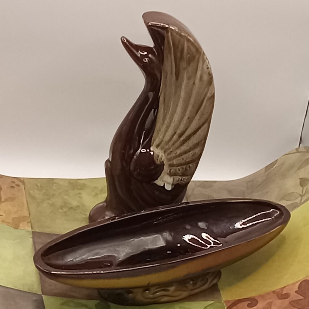 SWAN Brown Long Neck Bird and Console BOWL MCM Vintage REDWARE Japan